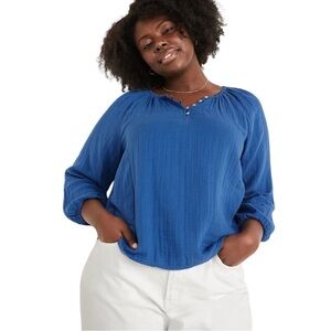 Old Navy Blue Double Weave Shirred Boho Peasant Blouse Shirt